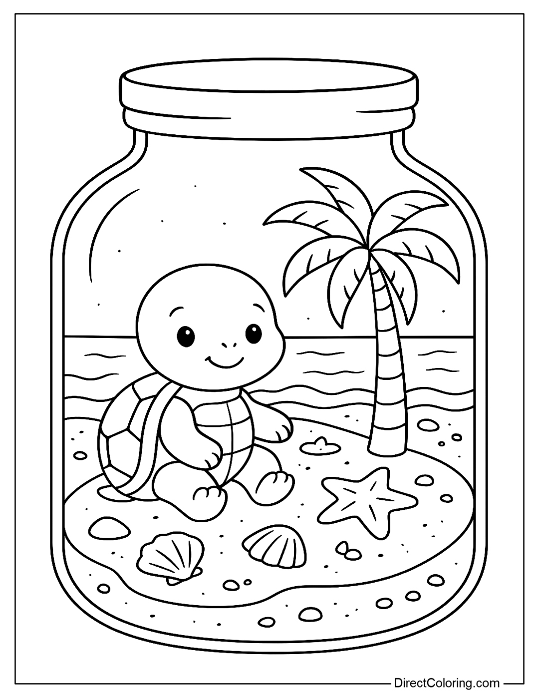 A miniature beach turtle in a jar, with sand, waves, and coconut trees